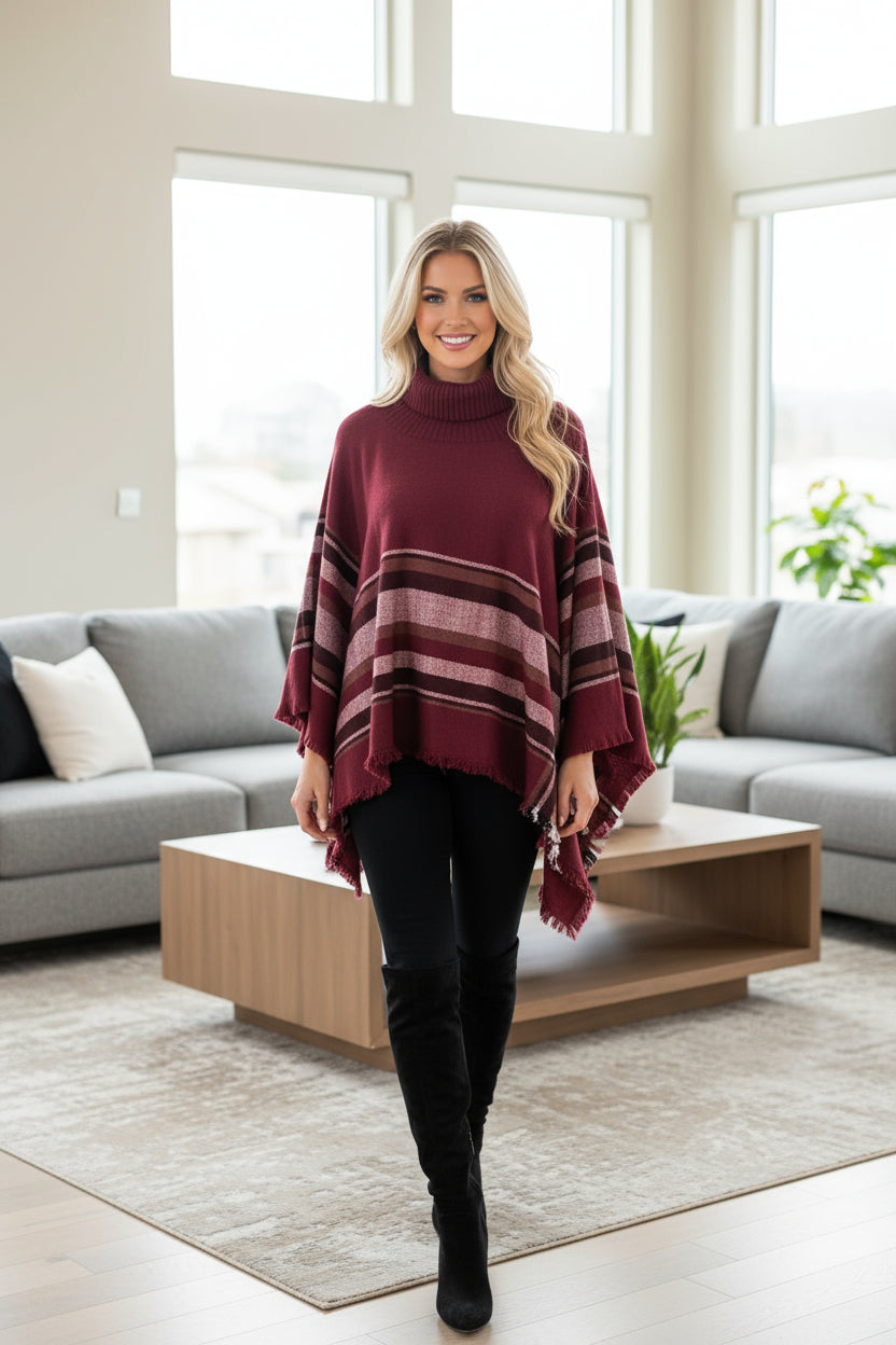Womens Turtle Neck Fringed Plaid Poncho: Brown/Black poncho MomMe and More 