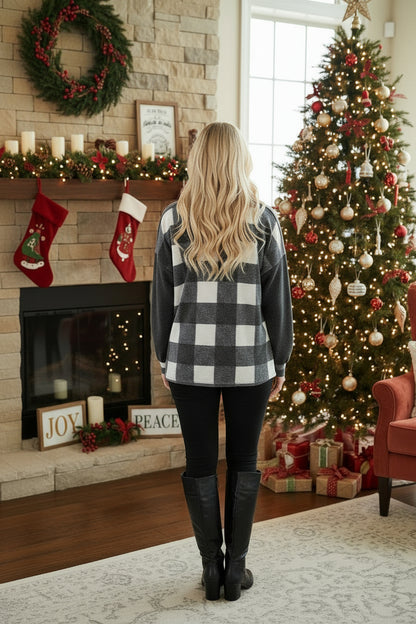 Womens Black White Plaid Christmas Sweater, Long Sleeve Holiday Printed Top Tops MomMe and More 