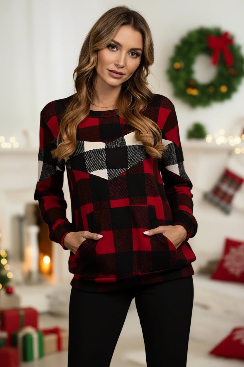 Womens Red Plaid Christmas Sweater, Buffalo Plaid Long Sleeve Holiday Tops MomMe and More 