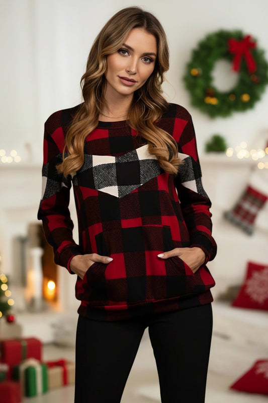 Womens Red Plaid Christmas Sweater, Buffalo Plaid Long Sleeve Holiday Tops MomMe and More 