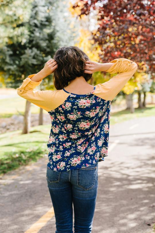 Womens Blue Yellow Floral Raglan Top Tops MomMe and More 