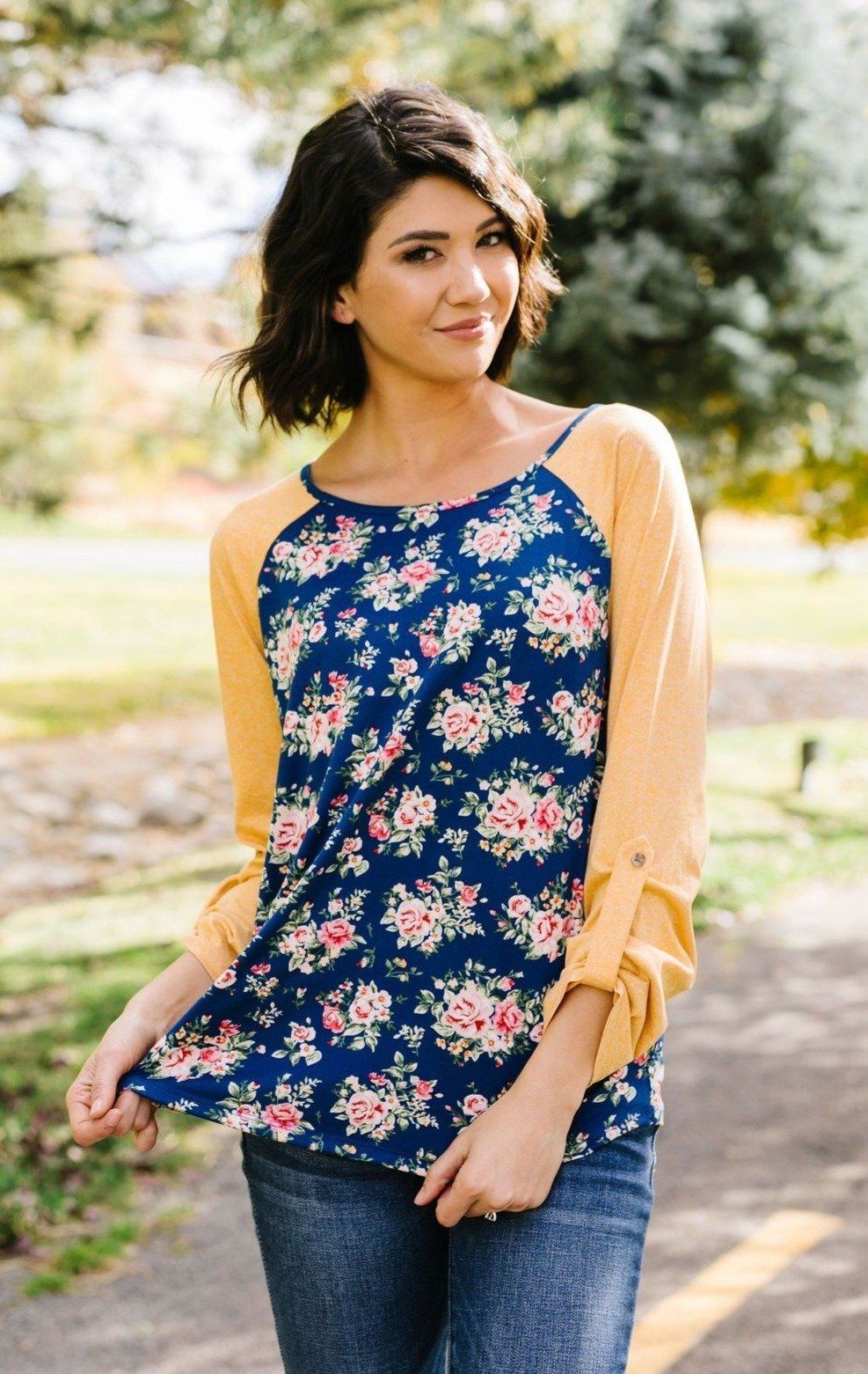 Womens Blue Yellow Floral Raglan Top Tops MomMe and More 