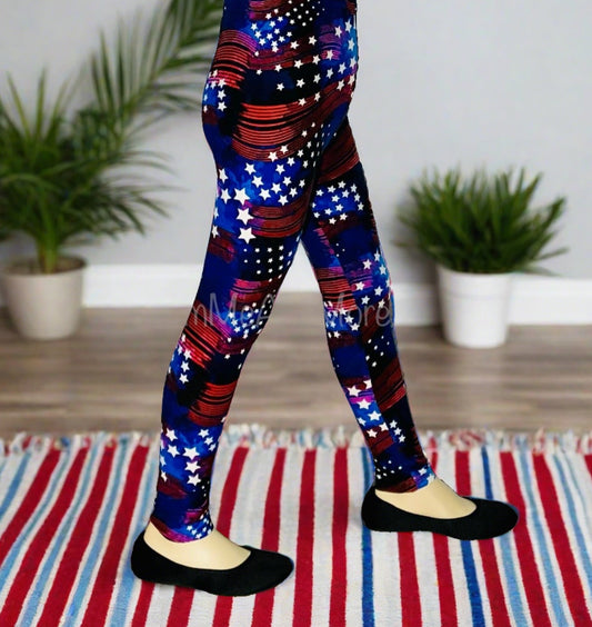 Girls Best Leggings, Kids American Flag Star Printed Leggings Leggings MomMe and More 