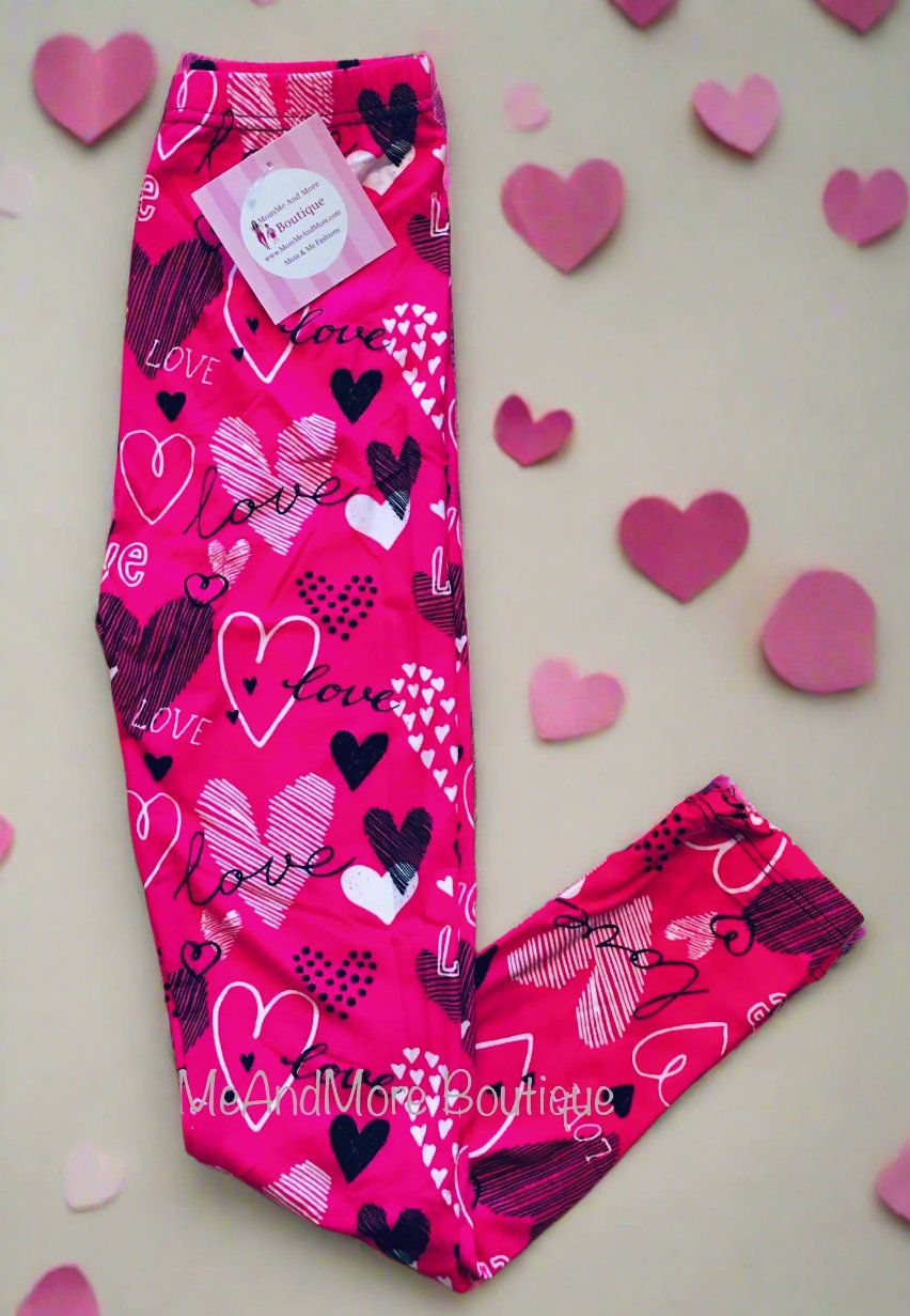 Girls Pink Love Heart Valentines Day Leggings Leggings MomMe and More 