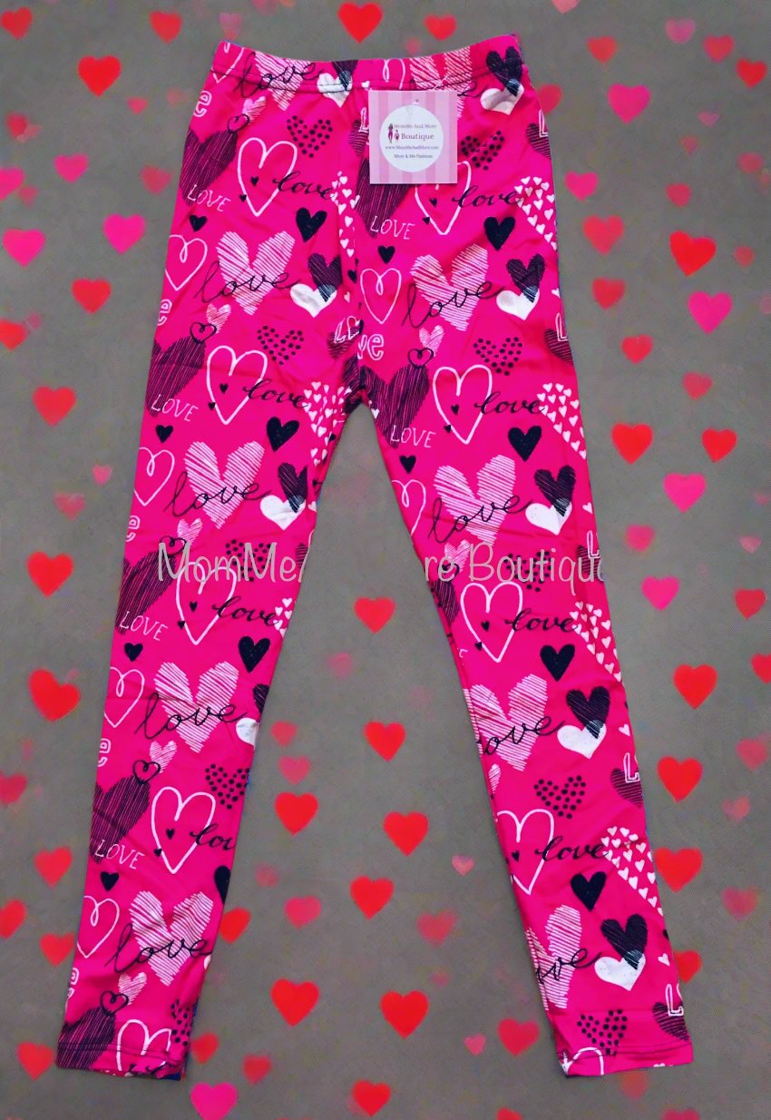 Girls Pink Love Heart Valentines Day Leggings Leggings MomMe and More 