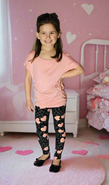 Girls Valentine Heart Leggings: Black/Pink Leggings MomMe and More 