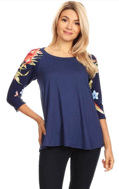 Women's Blue Top 3/4 Sleeve Floral Shirt: S/M/L Tunics MomMe and More 