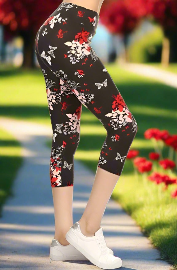 Womens Best Leggings, Red Butterfly Floral Capri Leggings: Yoga Waist Leggings MomMe and More 