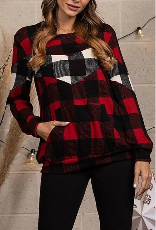 Womens Red Plaid Christmas Sweater, Buffalo Plaid Long Sleeve Holiday Printed Top Tops MomMe and More 