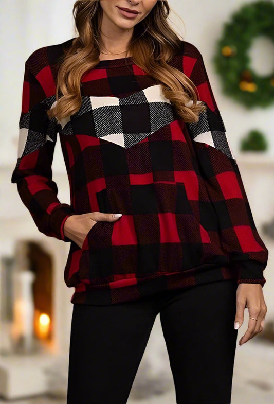 Womens Red Plaid Christmas Sweater, Buffalo Plaid Long Sleeve Holiday Printed Top Tops MomMe and More 