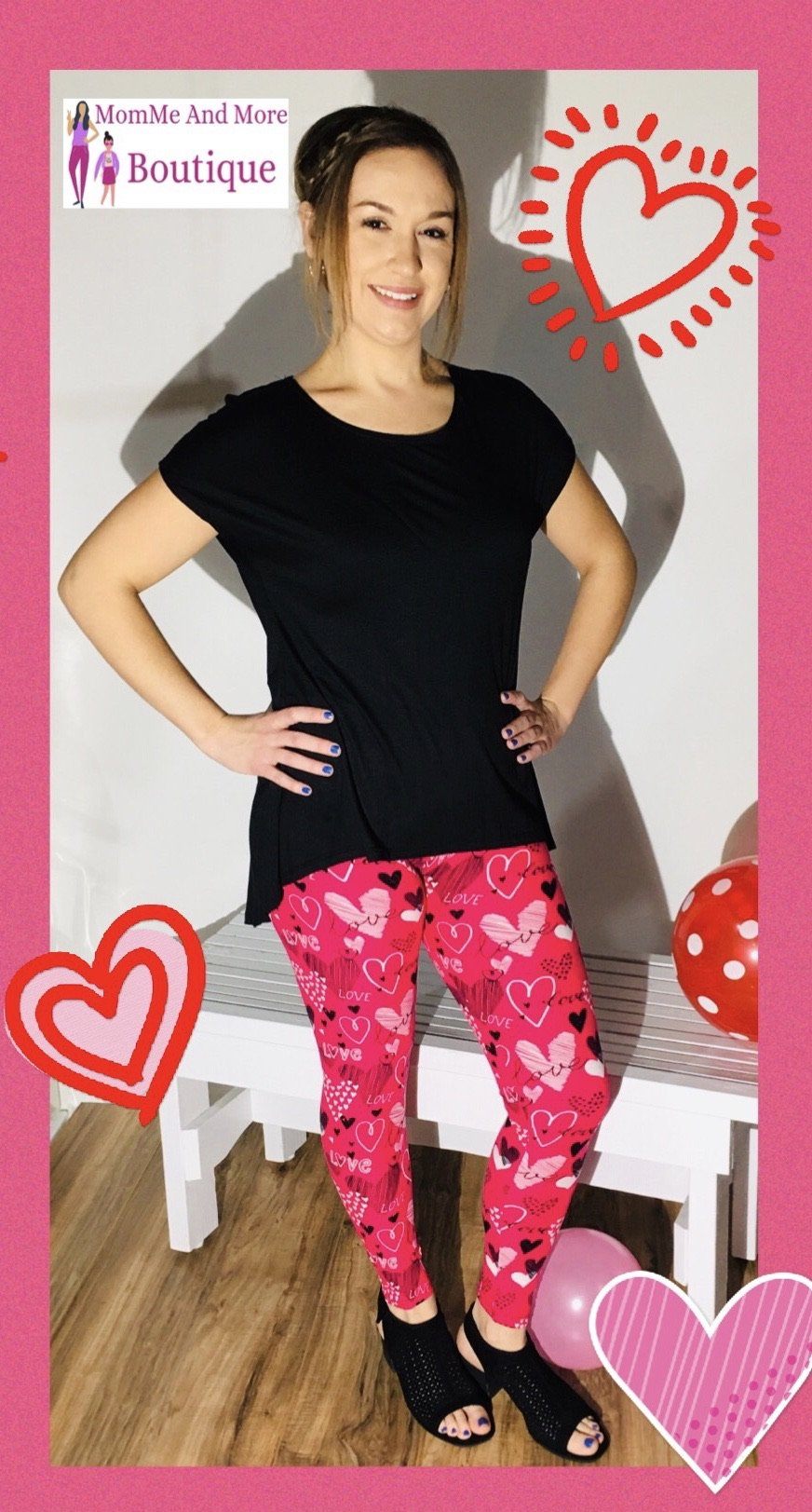 Womens Valentines Day Pink Heart Leggings: Yoga Waist Leggings MomMe and More 