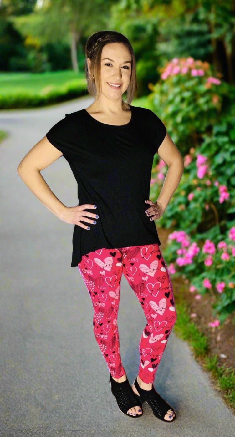 Womens Valentines Day Pink Heart Leggings: Yoga Waist Leggings MomMe and More 