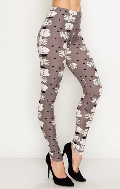 Women's Snowman Printed Leggings Gray: OS and Plus Leggings MomMe and More 