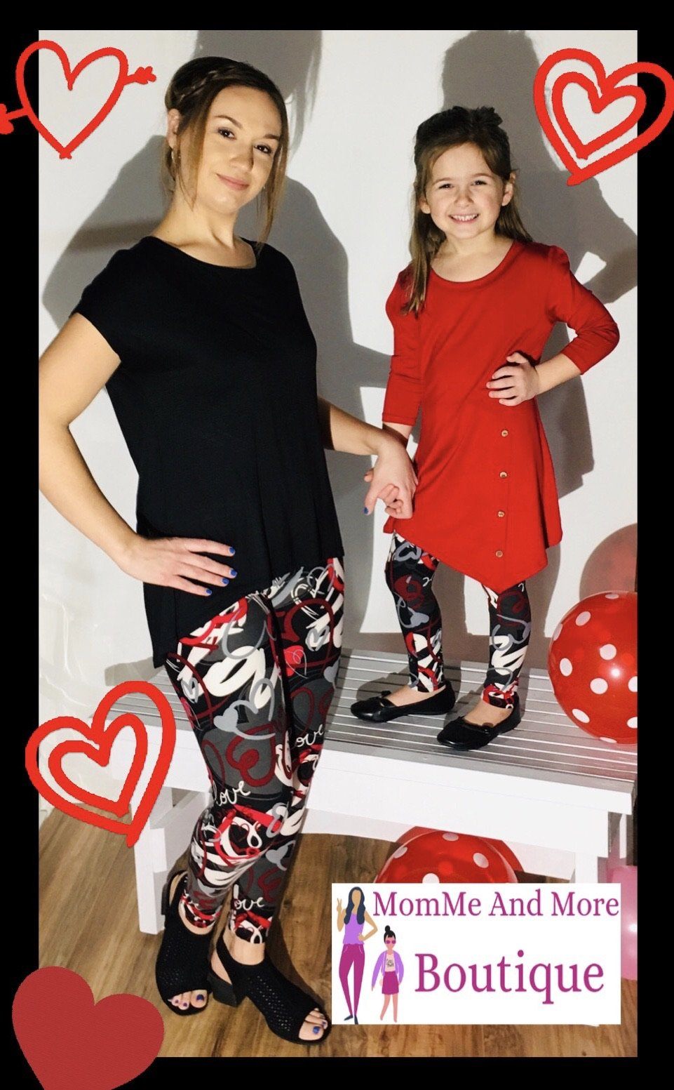 Girls Valentines Day Heart Leggings: Red/Black Leggings MomMe and More 