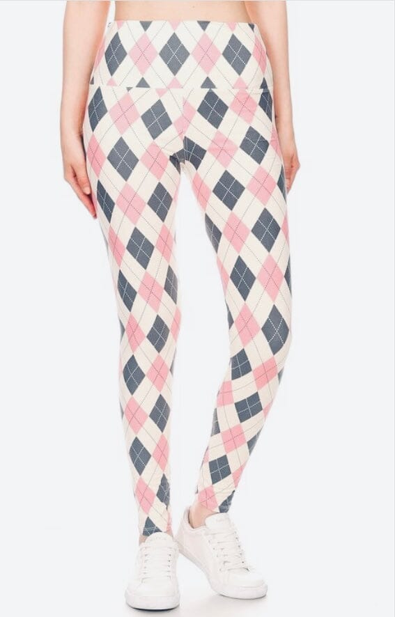 Womens Best Leggings, Pink Gray Argyle Plaid Printed Leggings: Extra Plus Leggings MomMe and More 