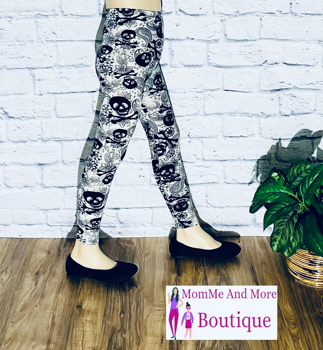 Girls Halloween Leggings White Skull Bone Print Kids Yoga Pants Leggings MomMe and More 