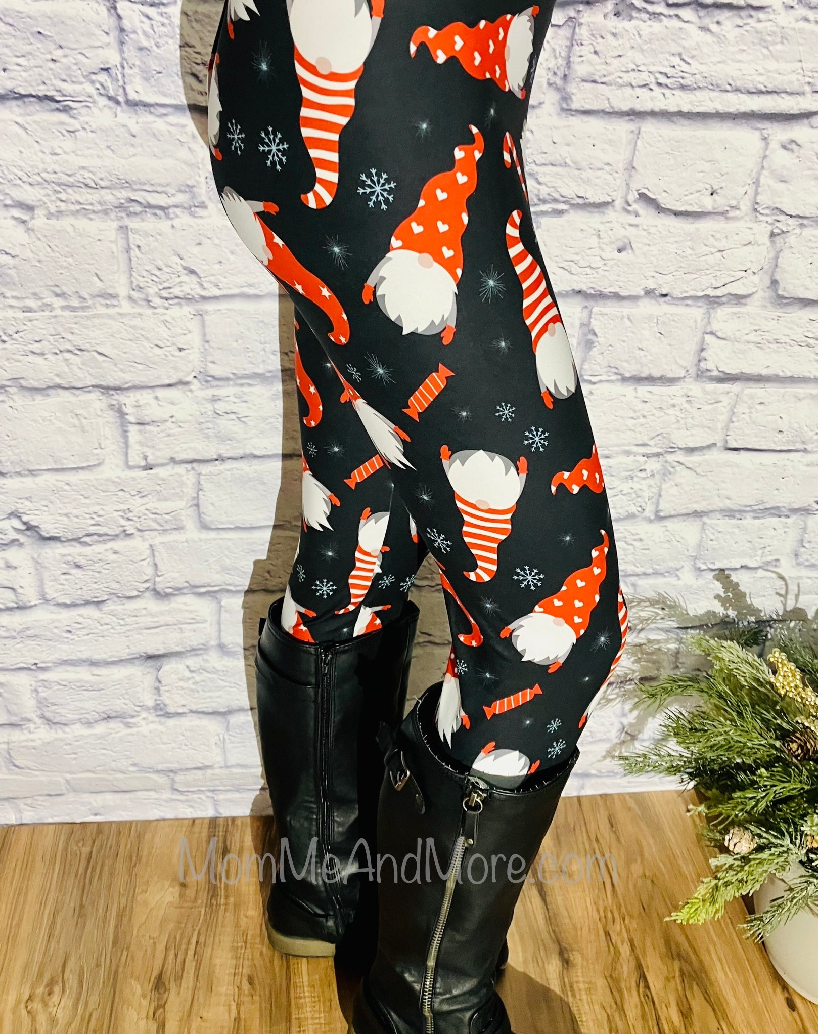Womens Christmas Leggings, Candy Cane Santa Gnome Printed Leggings: Yoga Waistband Leggings MomMe and More 