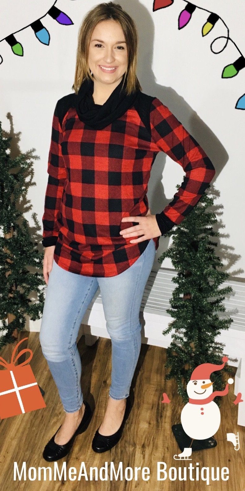 Red Buffalo Plaid Cowl Neck Tunic Top Tops MomMe and More 