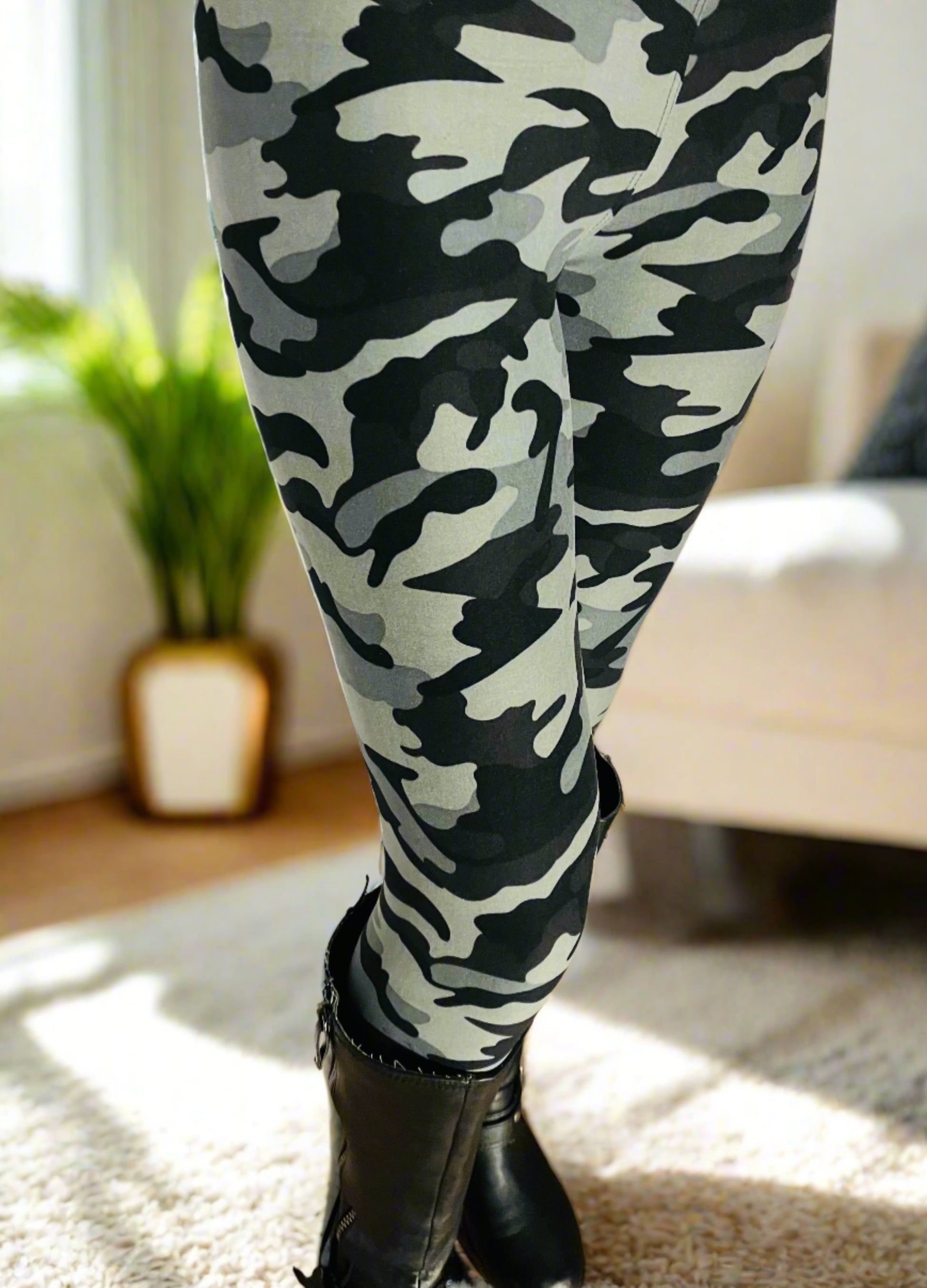 Womens Best Leggings, Gray Camouflage Print Leggings: Yoga Waist Leggings MomMe and More 