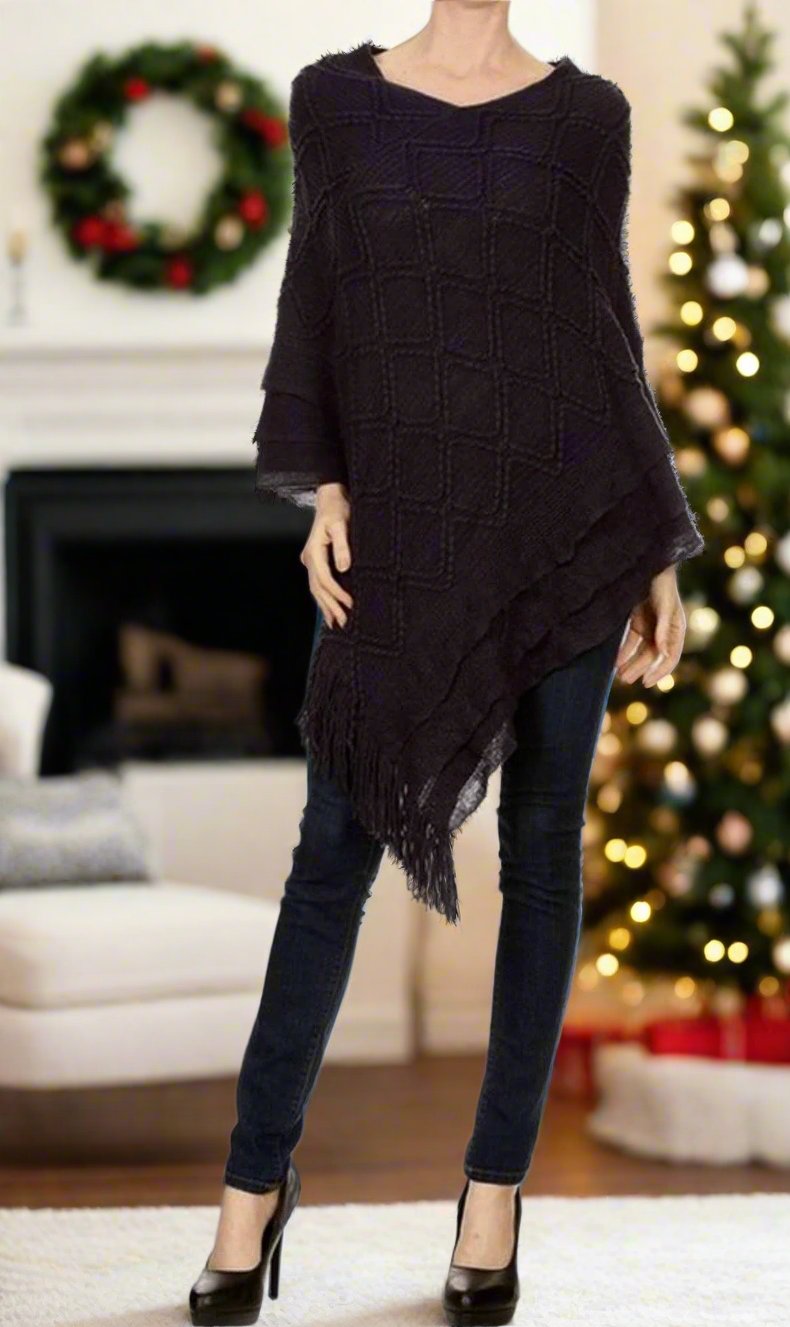 Women's Fringed Poncho: Black poncho MomMe and More 