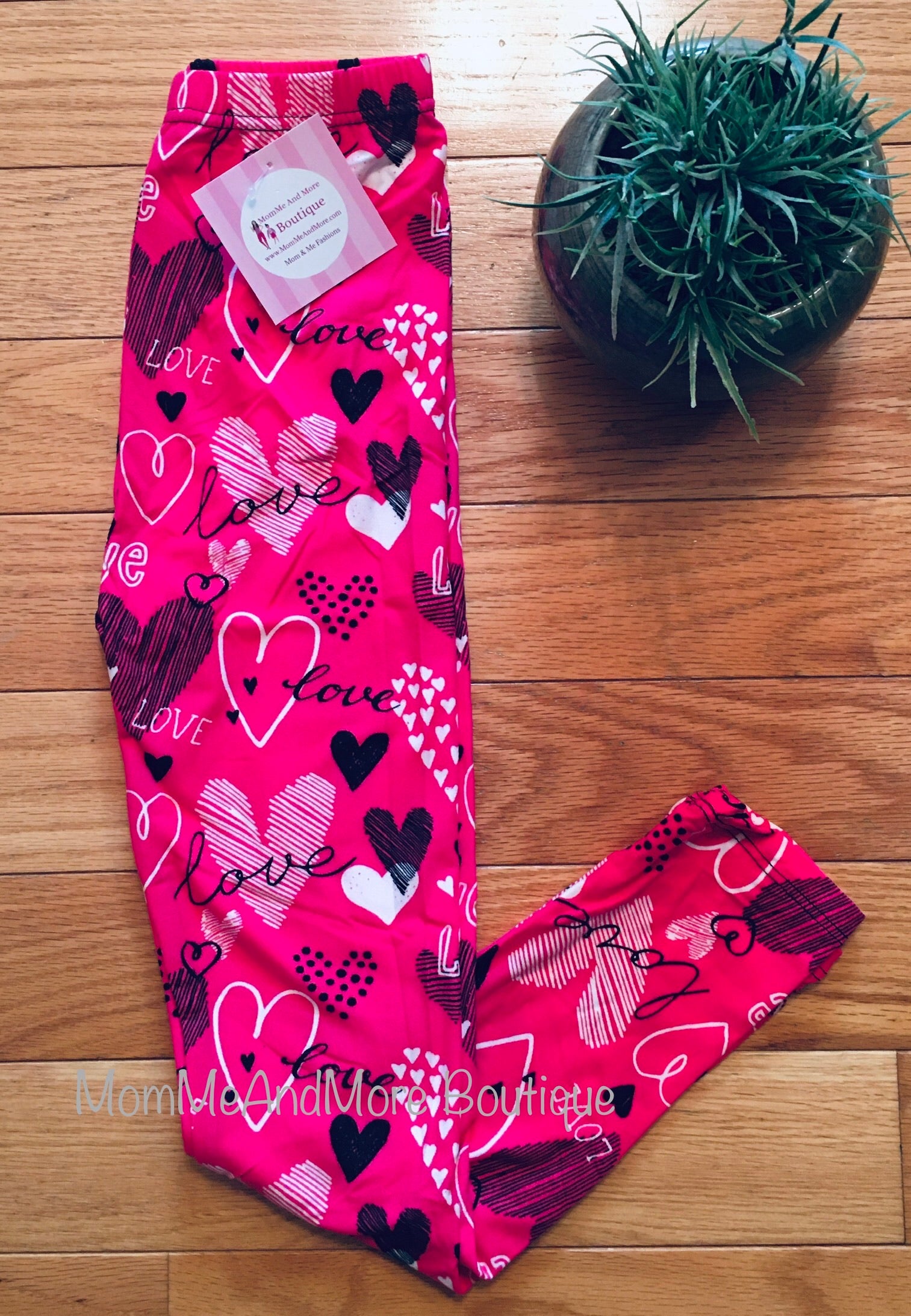 Girls Pink Love Heart Valentines Day Leggings Leggings MomMe and More 