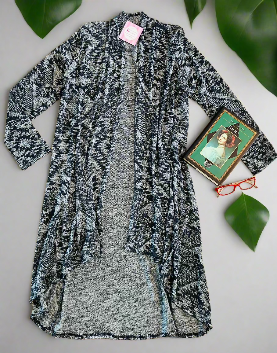 Womens Best Cardigan, Geometric Printed Gray Cardigan Duster Cardigan MomMe and More 