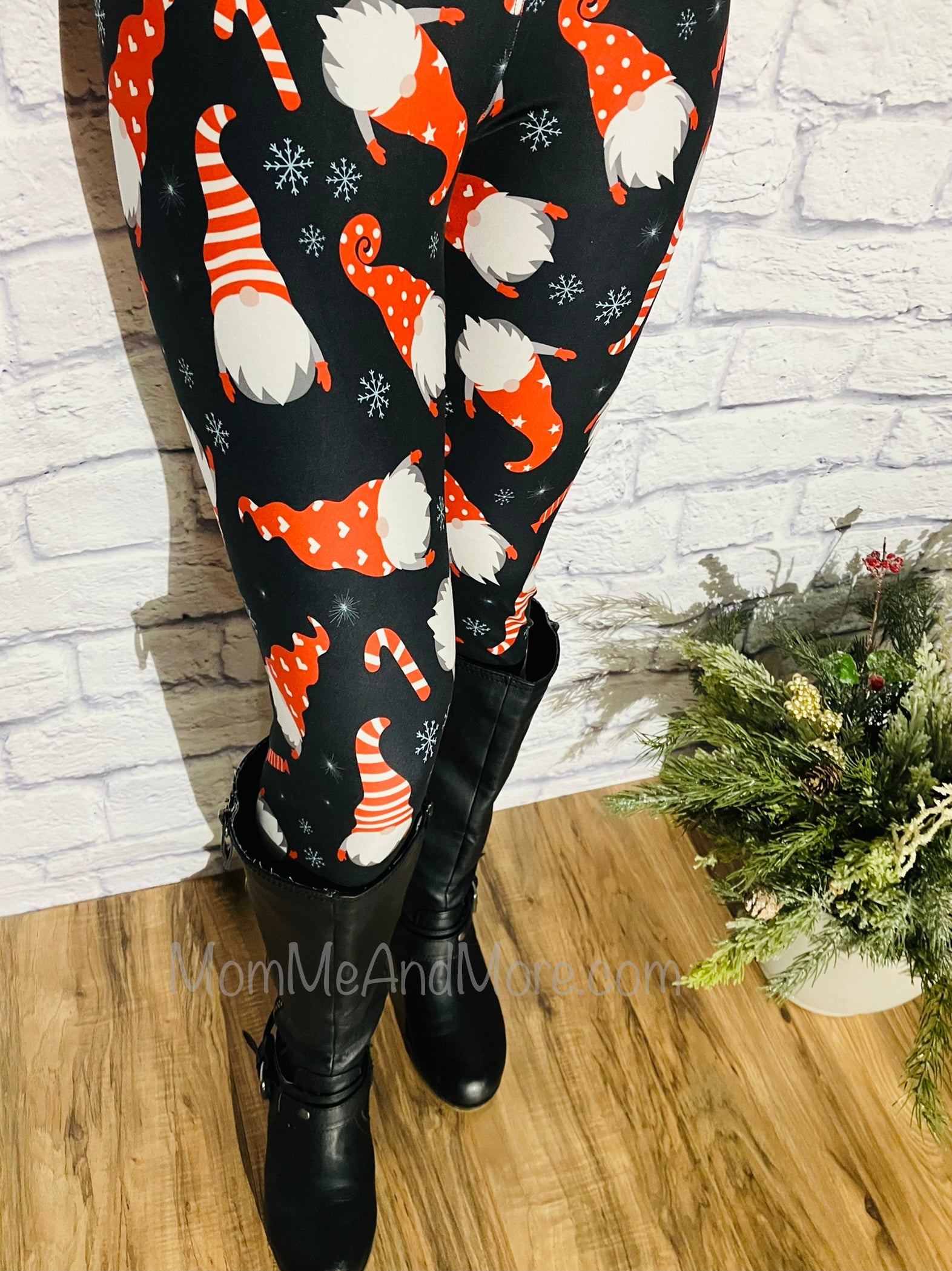 Womens Christmas Leggings, Candy Cane Santa Gnome Printed Leggings: Yoga Waistband Leggings MomMe and More 