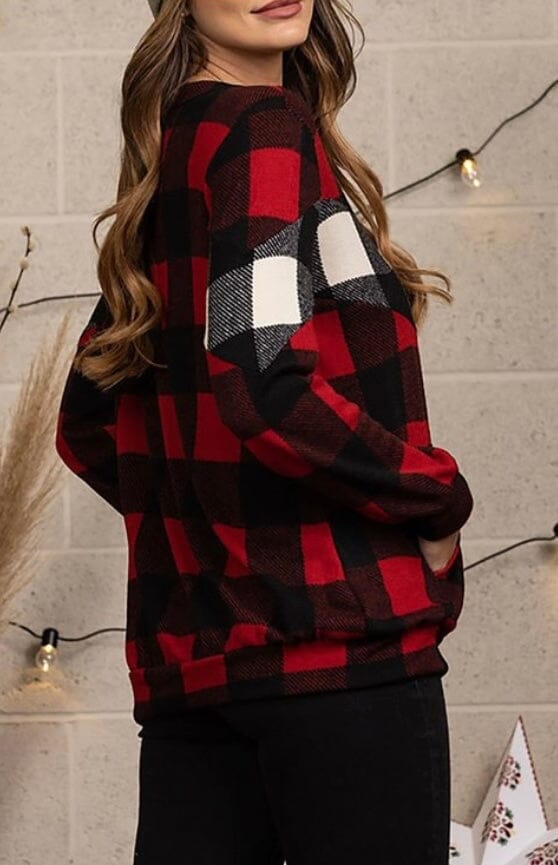 Womens Red Plaid Christmas Sweater, Buffalo Plaid Long Sleeve Holiday Printed Top Tops MomMe and More 
