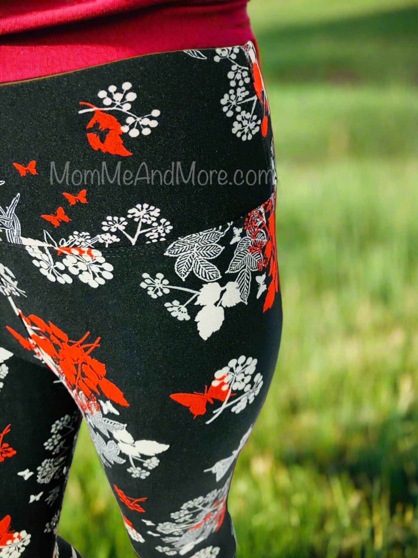 Womens Best Leggings, Red Butterfly Floral Capri Leggings: Yoga Waist Leggings MomMe and More 