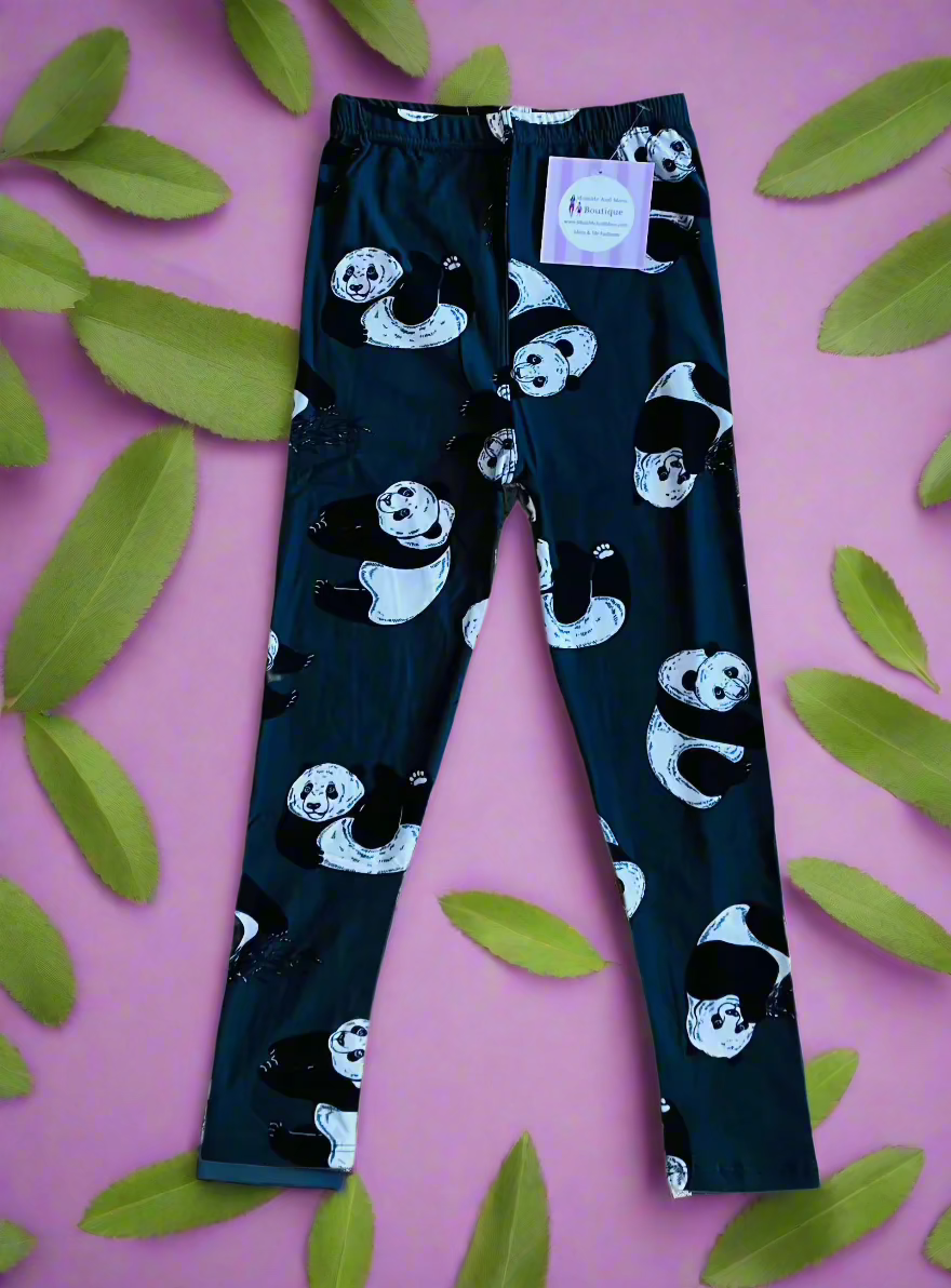 Girls Panda Bear Leggings Kids Yoga Pants Sizes S L No Roll Waist Gray Black