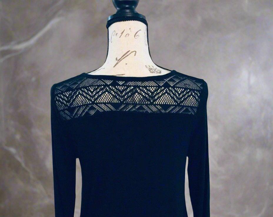 Womens Black Long Sleeve Top Lace Detail Faux Buttons MomMeAndMore