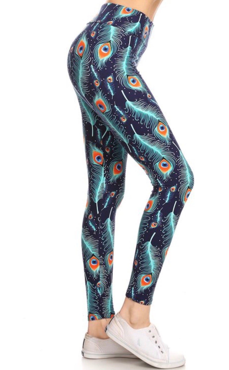 Womens Peacock Blue Feather Leggings: Yoga Waist Leggings MomMe and More 