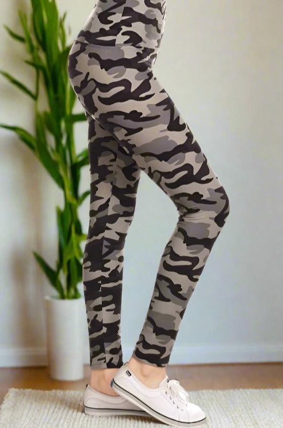 Womens Best Leggings, Gray Camouflage Print Leggings: Yoga Waist Leggings MomMe and More 