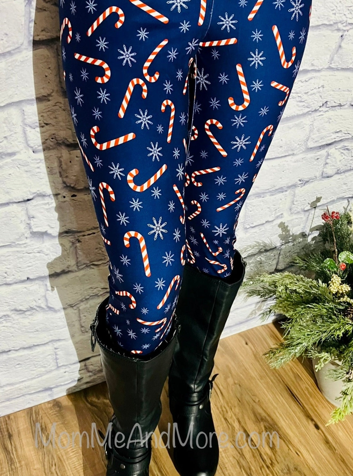 Womens Christmas Leggings, Candy Cane Printed Leggings: Yoga Waistband Leggings MomMe and More 
