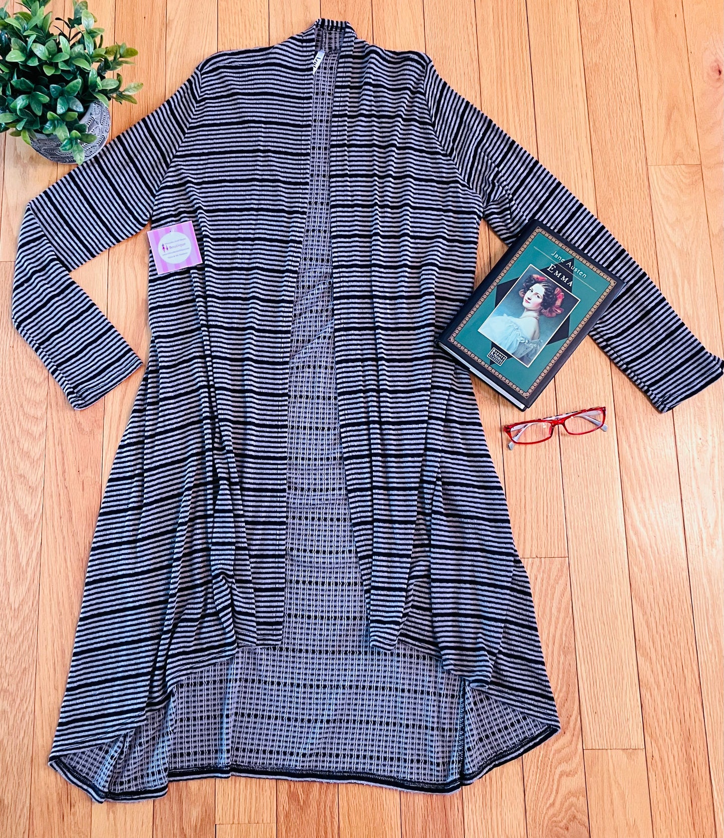 Womens Black Gray Stripe Asymmetric Cardigan Cardigan MomMe and More 