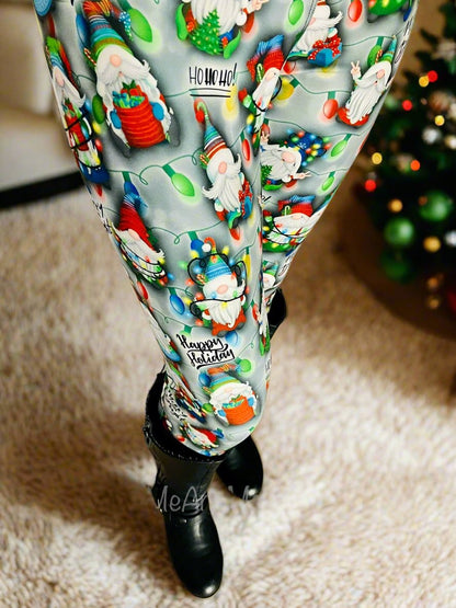 Womens Christmas Leggings, Holiday Gnome Printed Leggings: Yoga Waistband Leggings MomMe and More 