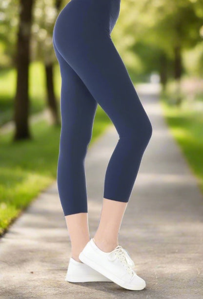 Womens Ankle Length Leggings, Solid Navy Blue Leggings: Yoga Waist Leggings MomMe and More 