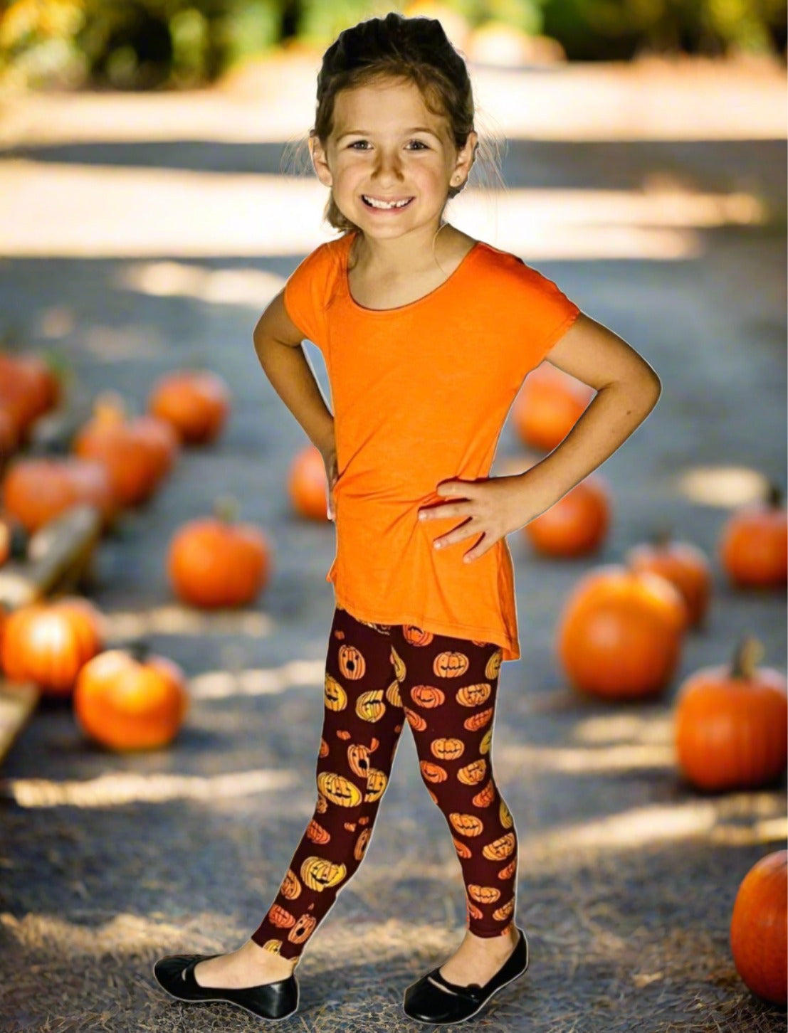 Girls Leggings | Pumpkin Leggings | Kids Yoga Pants | Footless Tights |  No-Roll Waistband