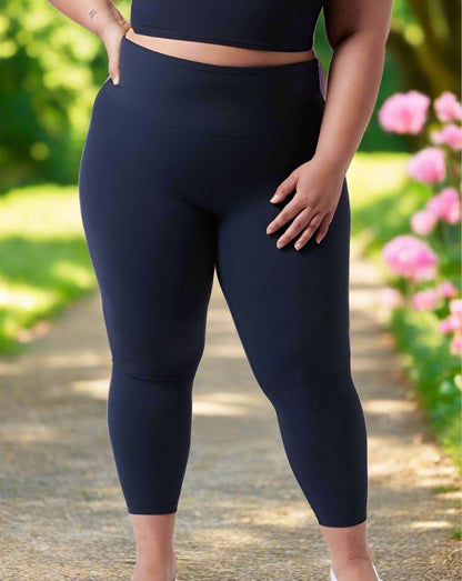 Womens Ankle Length Leggings, Solid Navy Blue Leggings: Yoga Waist Leggings MomMe and More 