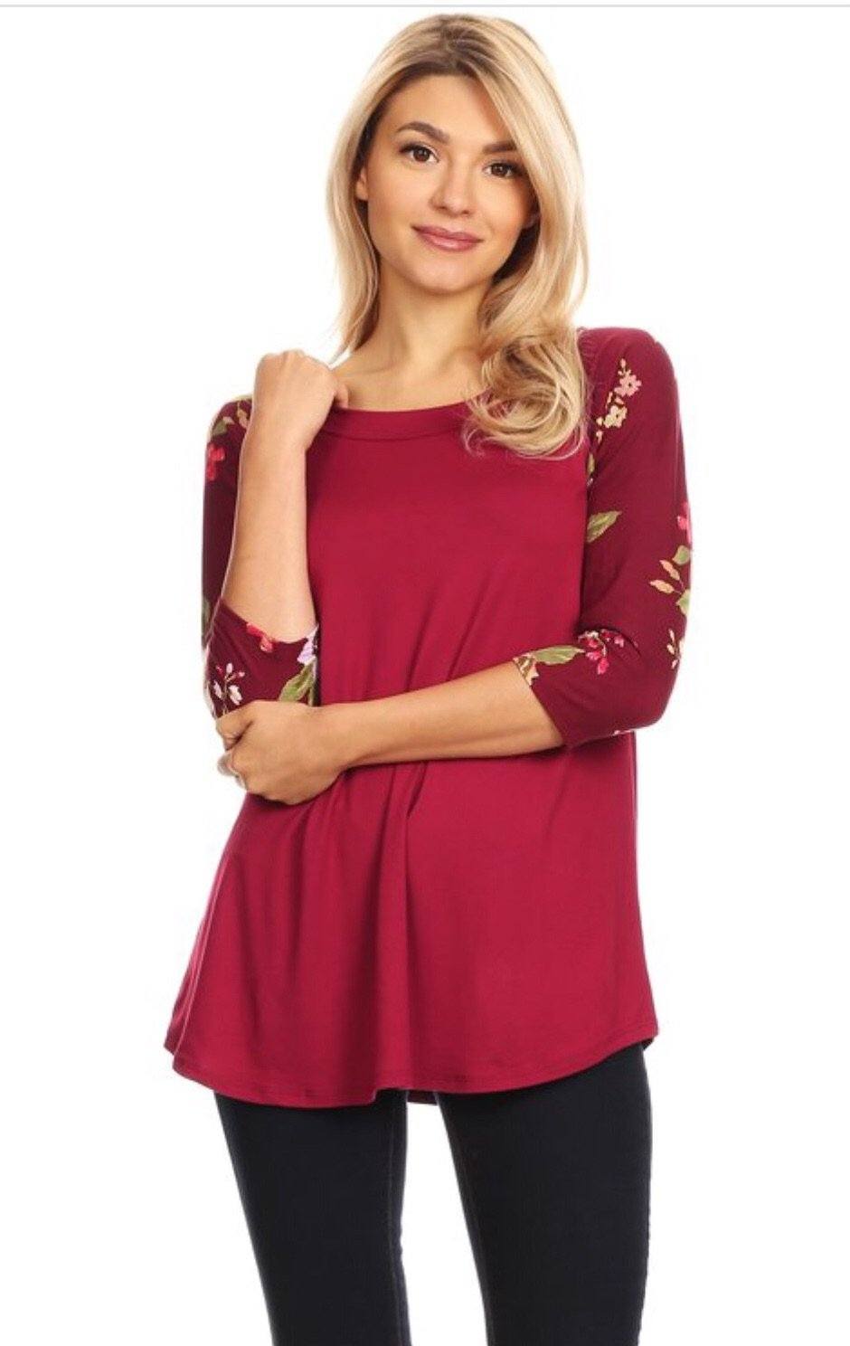 Women's Maroon Raglan Tunic Top Floral Shirt: S/M/L Tunics MomMe and More 