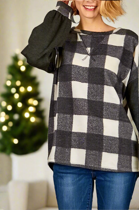 Womens Black White Plaid Christmas Sweater, Long Sleeve Holiday Printed Top Tops MomMe and More 