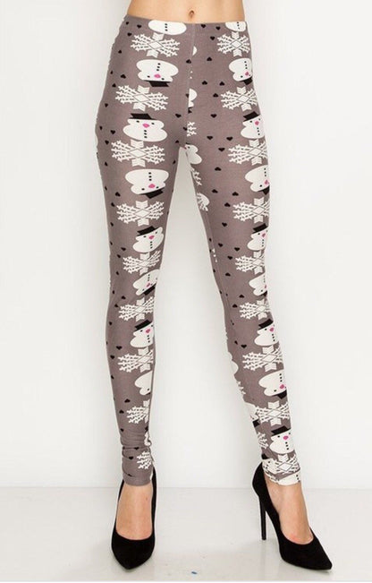 Women's Snowman Printed Leggings Gray: OS and Plus Leggings MomMe and More 