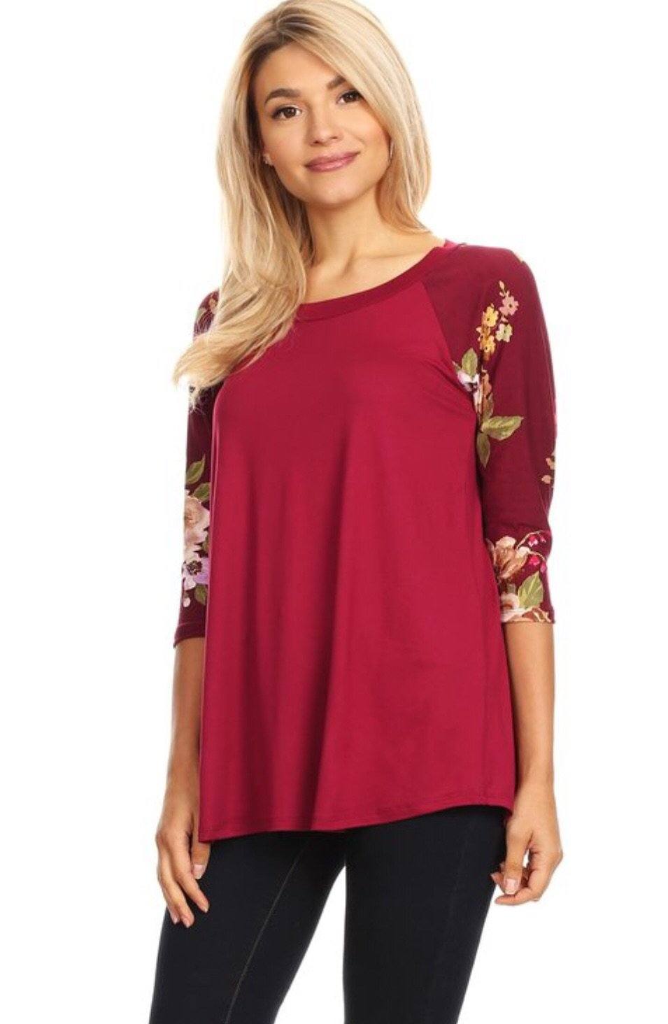 Women's Maroon Raglan Tunic Top Floral Shirt: S/M/L Tunics MomMe and More 