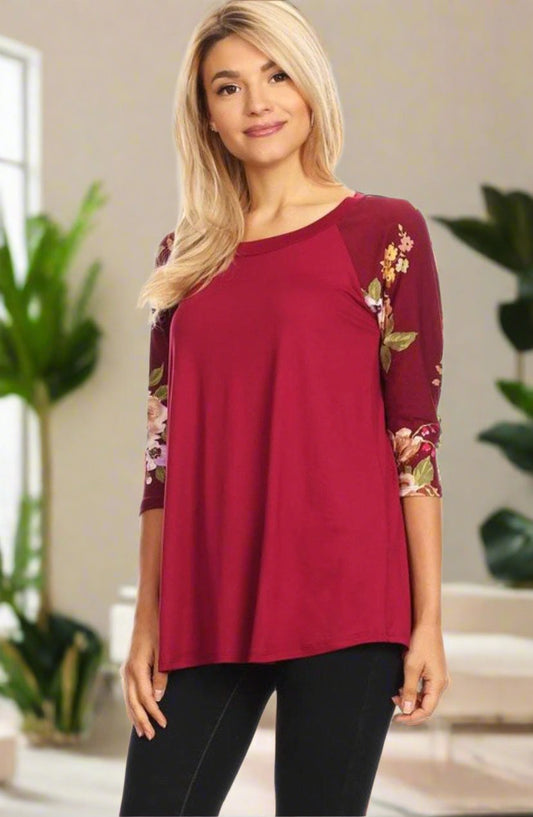 Women's Maroon Raglan Tunic Top Floral Shirt: S/M/L Tunics MomMe and More 