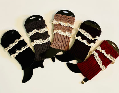 Womens Lace Cuffed Short Sweater Leg Warmers: Black, Gray, Khaki, Brown, Maroon Leg Warmer MomMe and More 