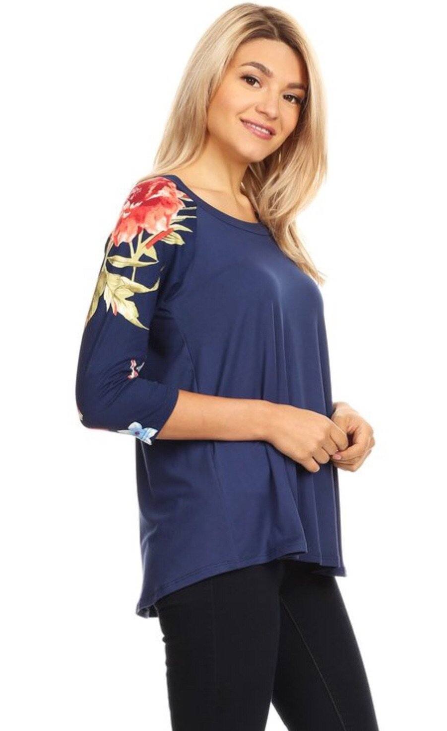 Women's Blue Top 3/4 Sleeve Floral Shirt: S/M/L Tunics MomMe and More 