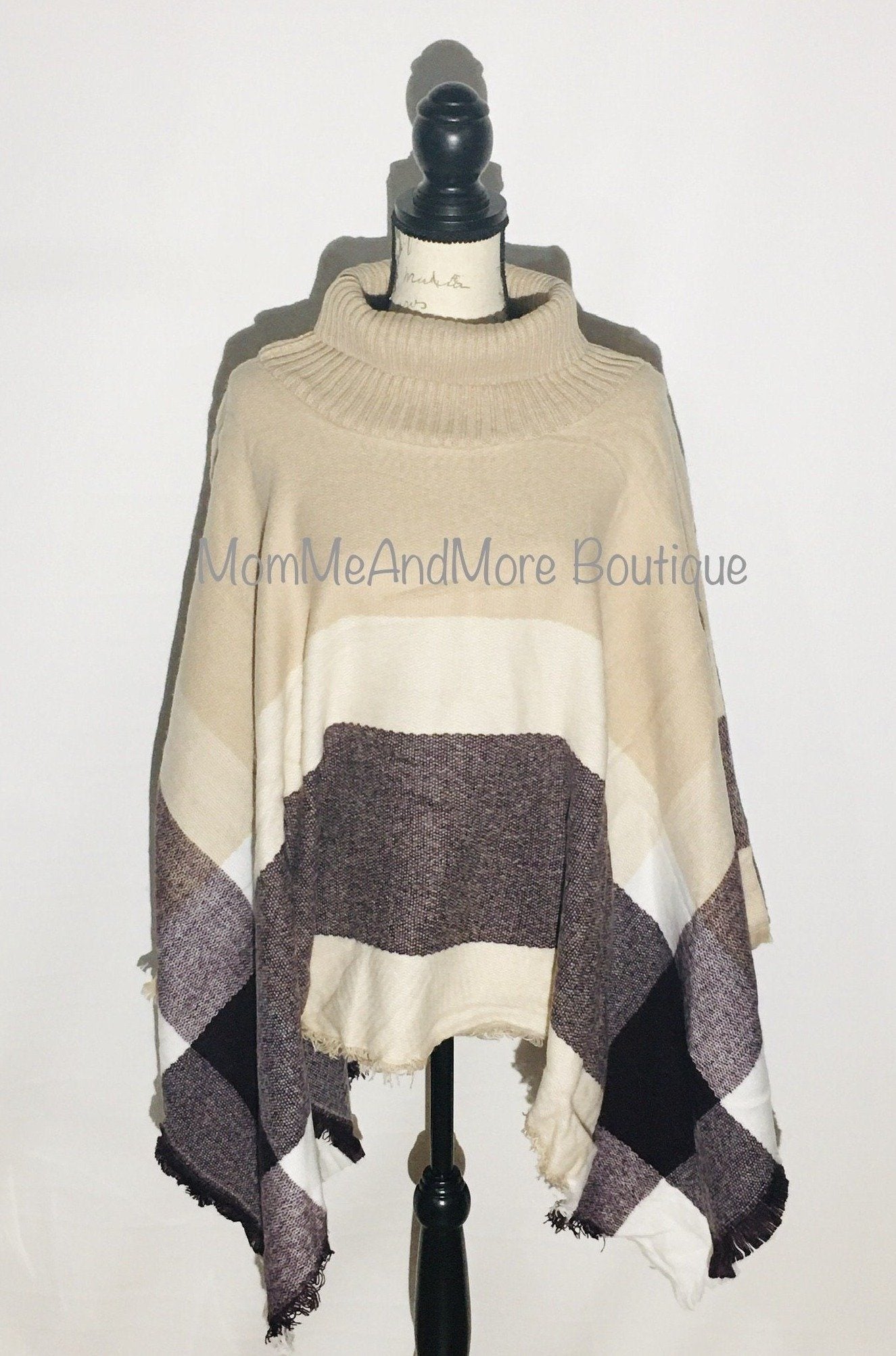 Womens Turtle Neck Plaid Sweater Poncho: Beige/Brown/White poncho MomMe and More 