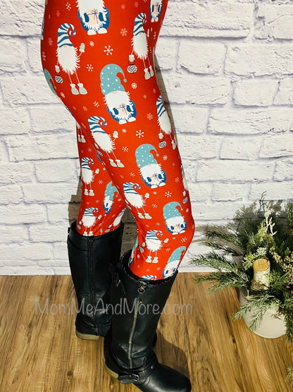 Womens Christmas Leggings, Santa Gnome Printed Leggings: Yoga Waistband Leggings MomMe and More 
