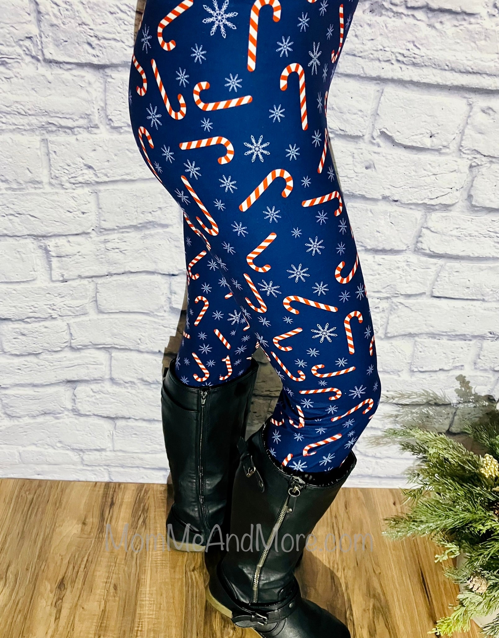 Womens Christmas Leggings, Candy Cane Printed Leggings: Yoga Waistband Leggings MomMe and More 