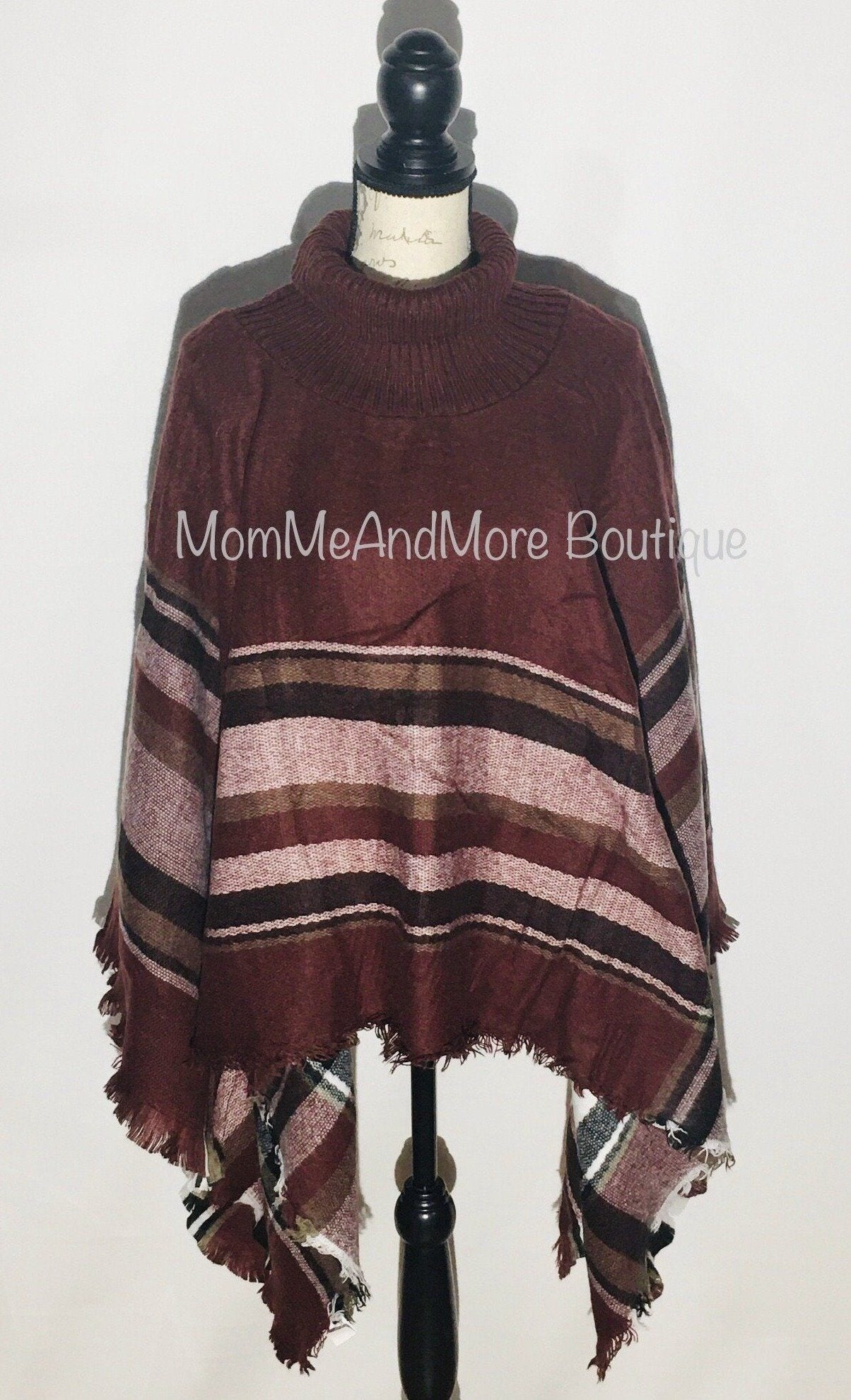 Womens Turtle Neck Plaid Sweater Poncho: Brown/Black/White poncho MomMe and More 